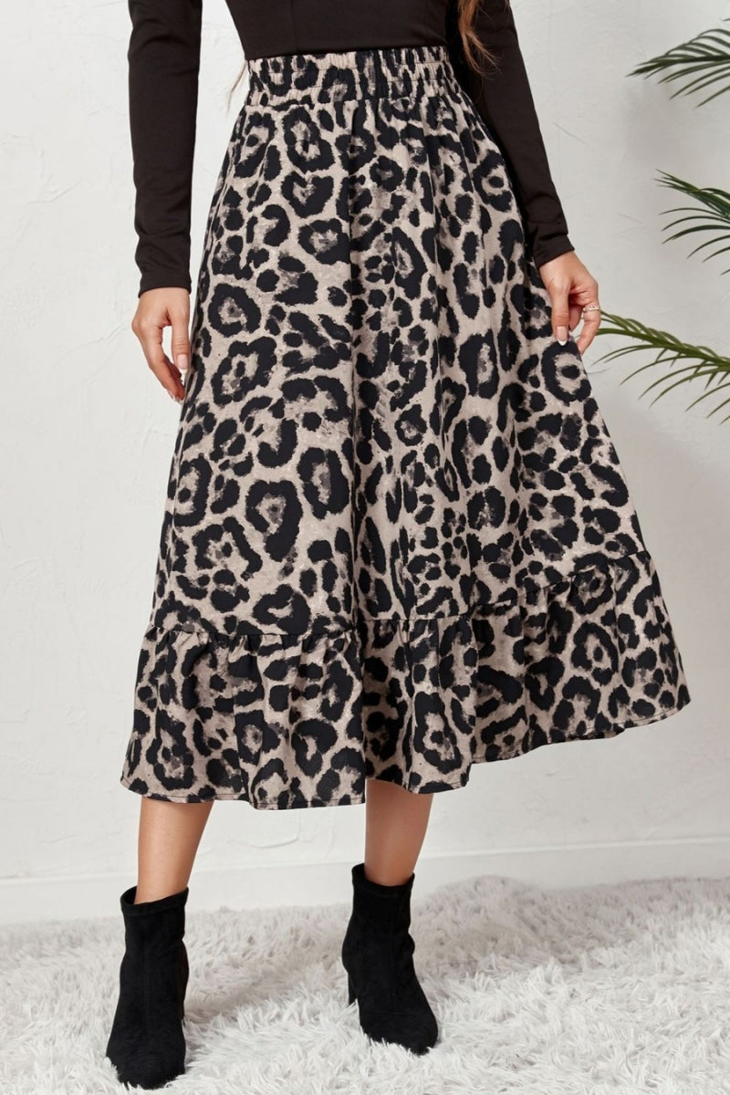 High Waist Leopard Print Midi Skirt