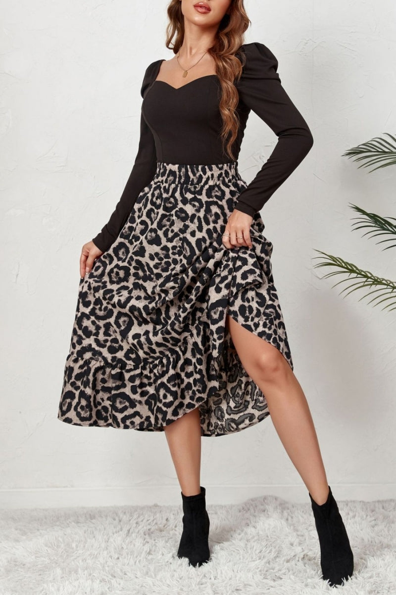 High Waist Leopard Print Midi Skirt
