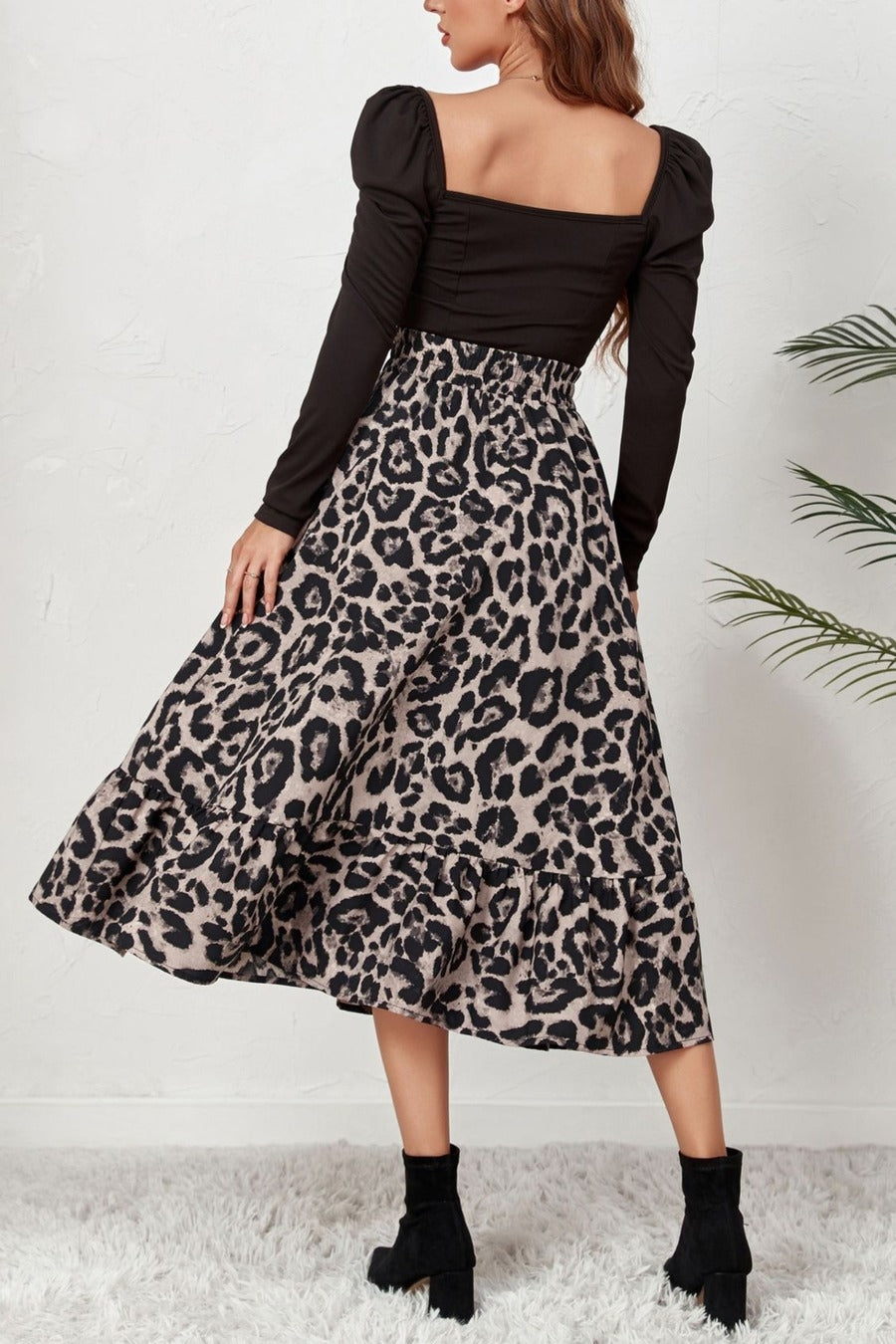 High Waist Leopard Print Midi Skirt