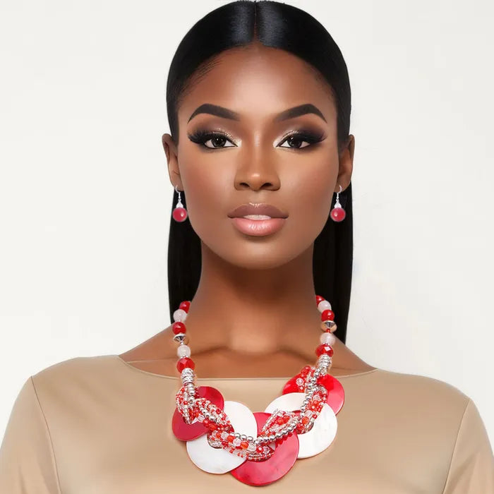 Red and White Disc Necklace Set