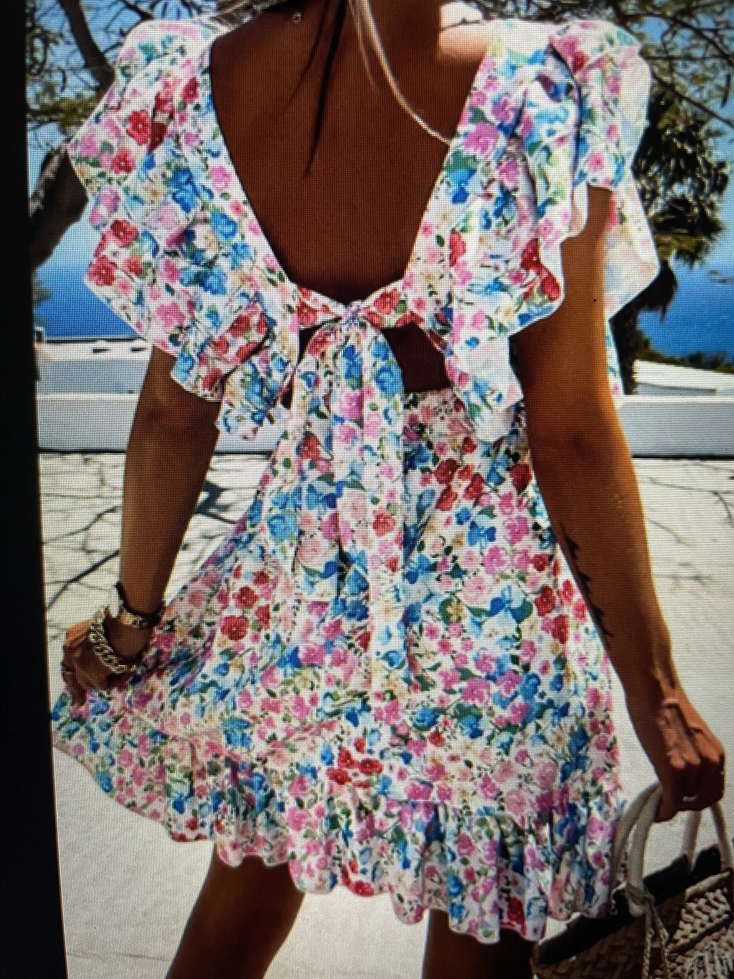 Open Back Floral Frill Dress